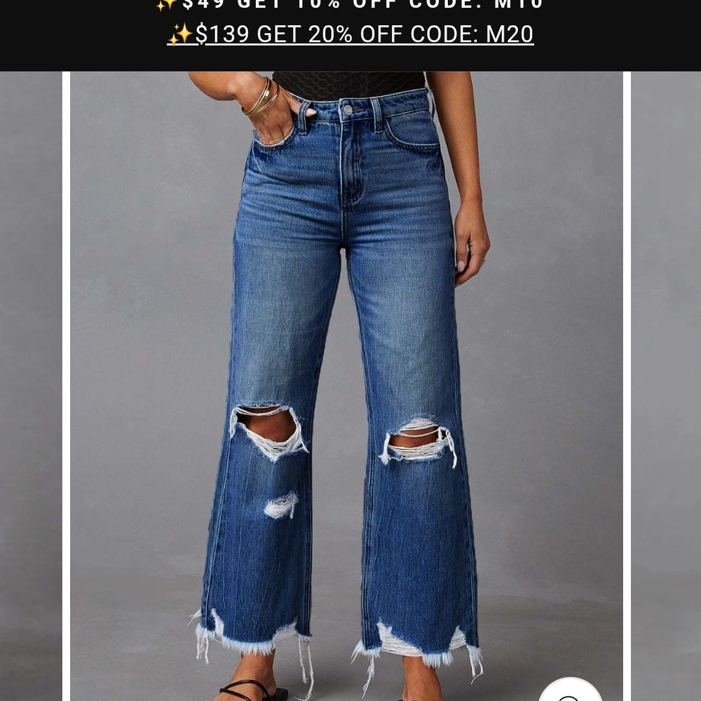 Blue Ankle Cropped Jeans with Distressed Details